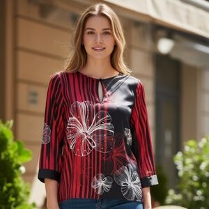 Elegant Silk Floral Striped Blouse - Red and Black. Size S.